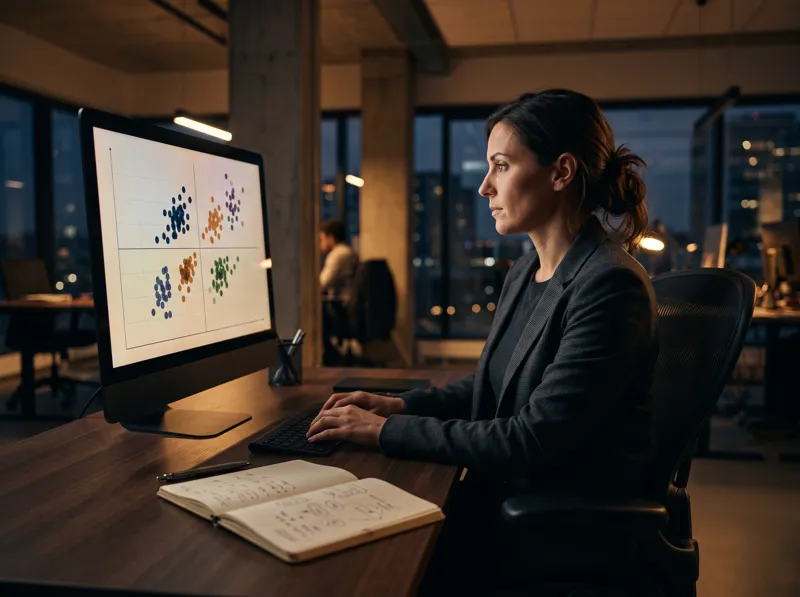 An analyst reviewing charts on a large monitor at night