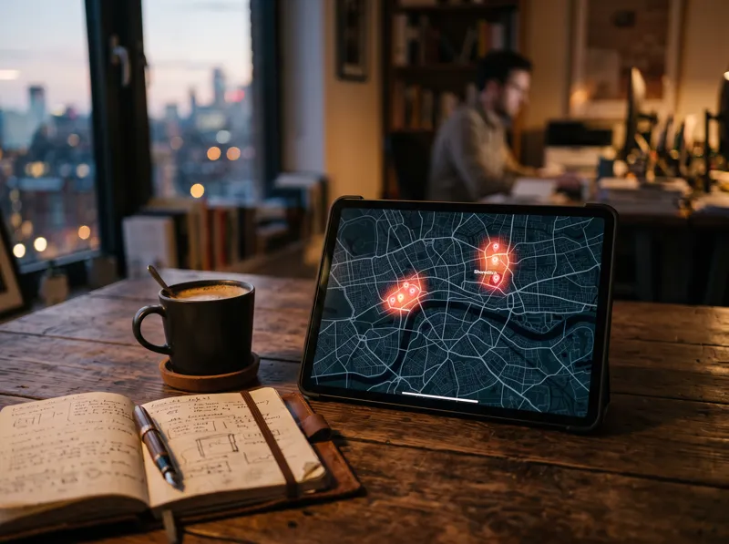 A tablet showing a map with hot spots beside a notebook and coffee